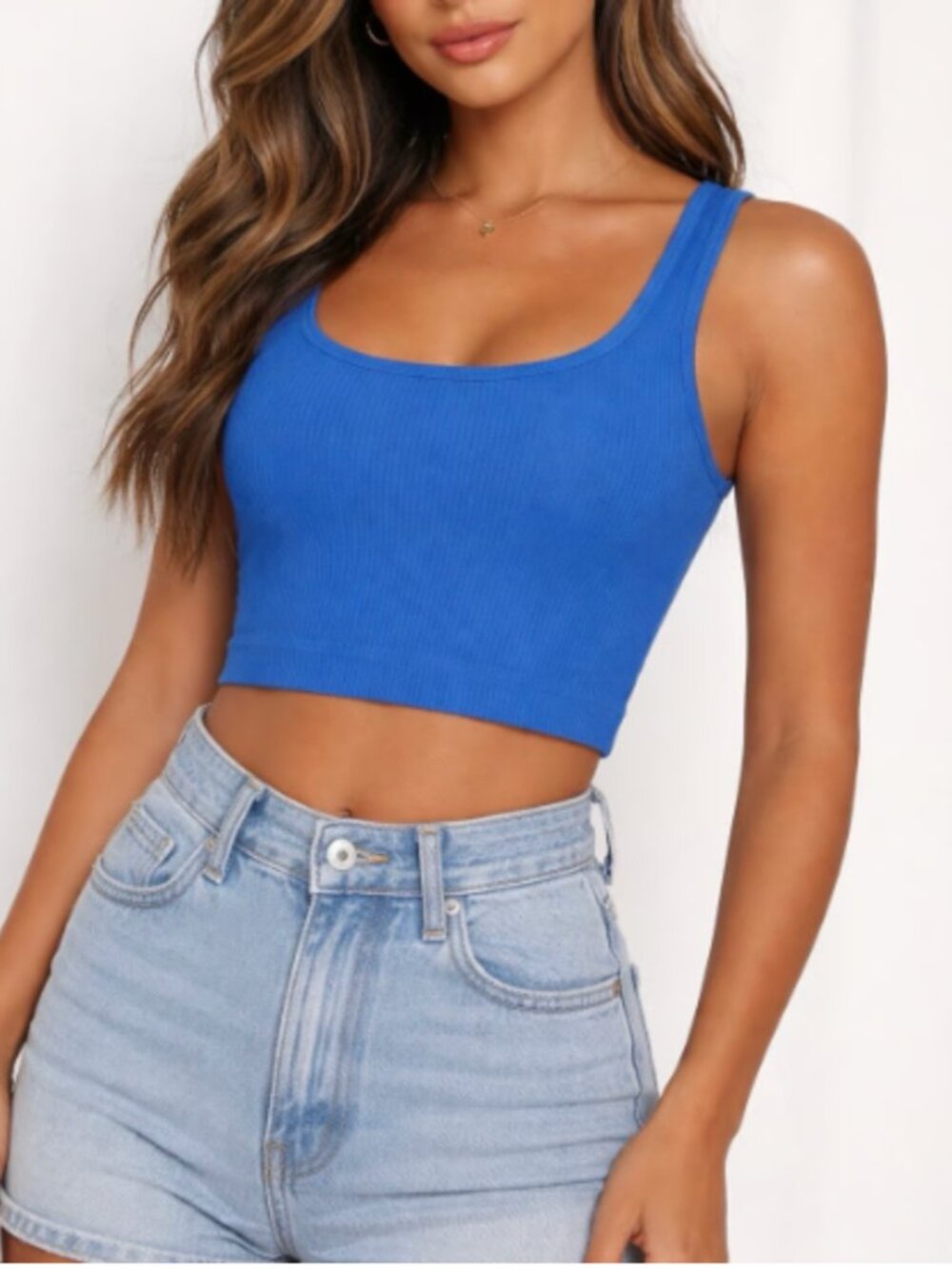 Zara Electric Blue Ribbed Square-Neck Crop Tank